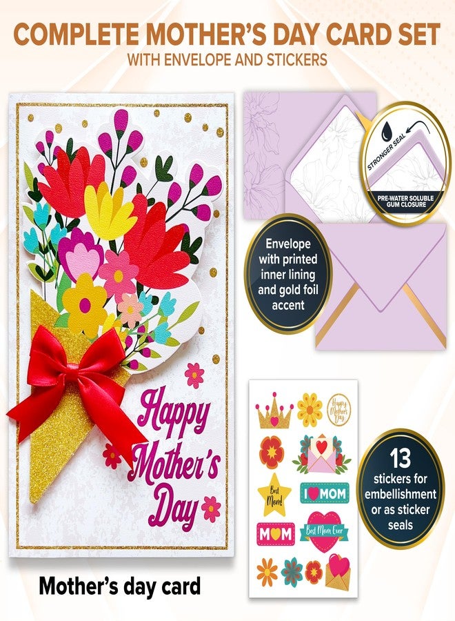 Decorably Glittery 5x8in Handmade Individual Happy Mothers Day Card for Mom with Red Ribbon and Flower Cutout, Happy Mother's Day Card for Mom with Envelope and Stickers, with Printed Message Inside - Image 4