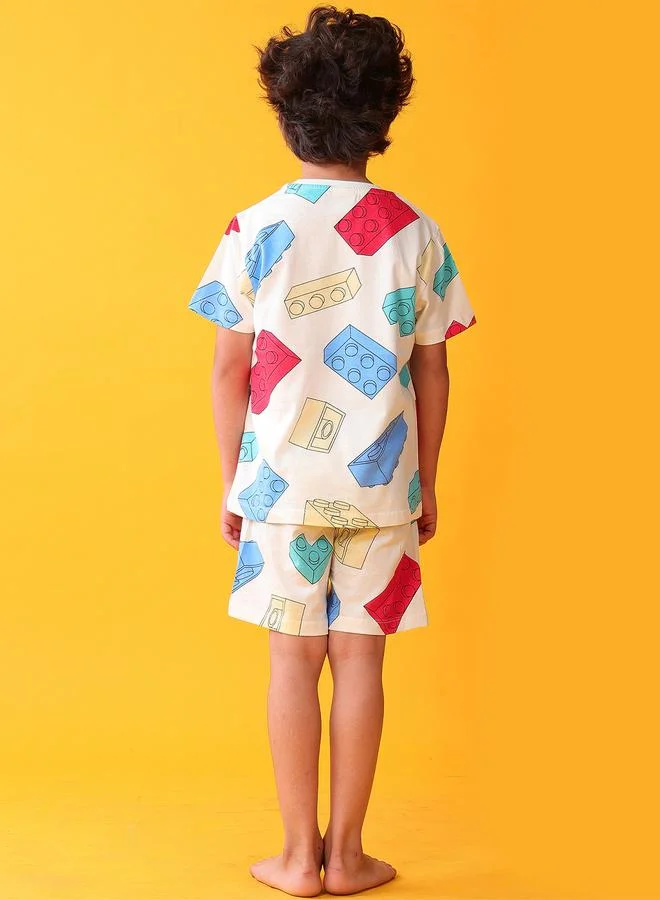 Anthrilo Kids Cotton Building Block Print T-Shirt and Shorts Set