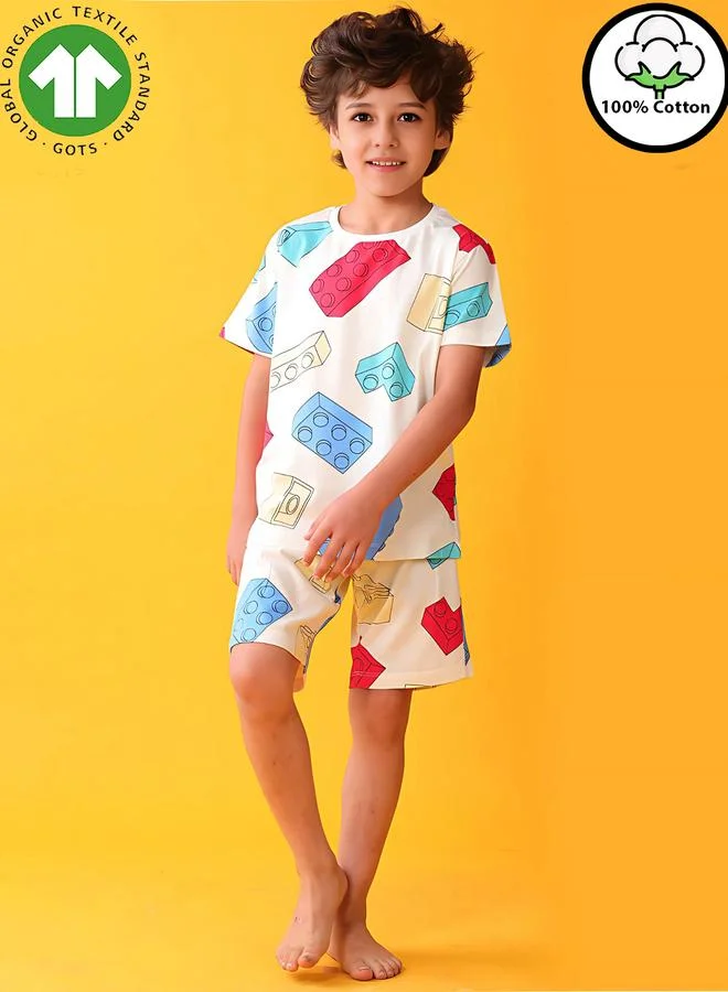 Anthrilo Kids Cotton Building Block Print T-Shirt and Shorts Set