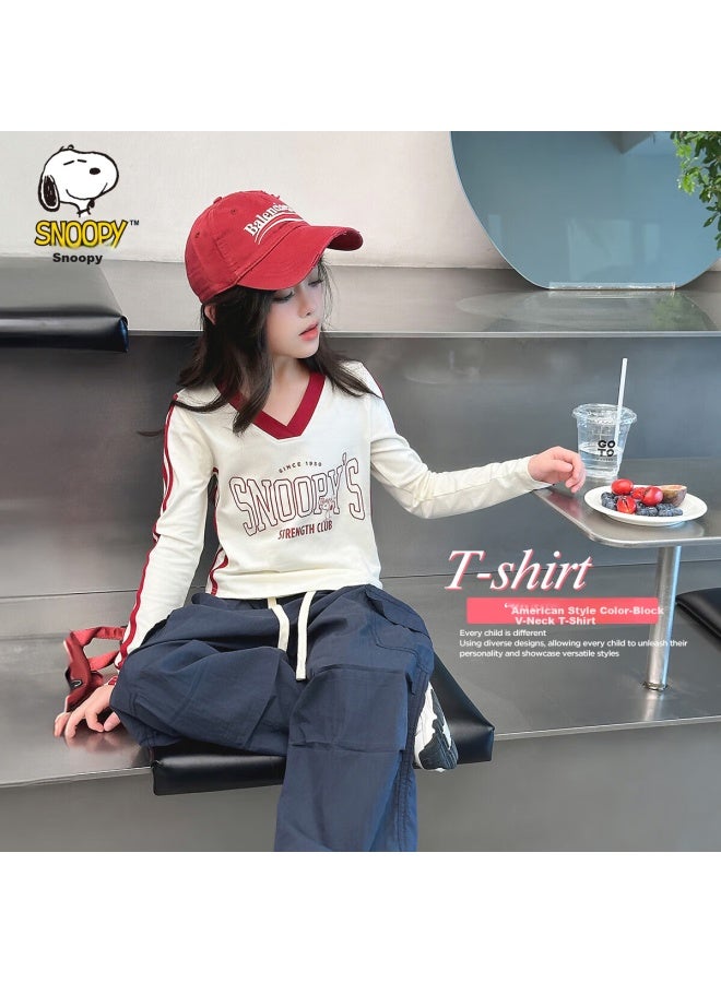 Snoopy Girls' Long Sleeve V-neck T-shirt Children's Casual Spring Top Beige With Letter V-neck - Image 1