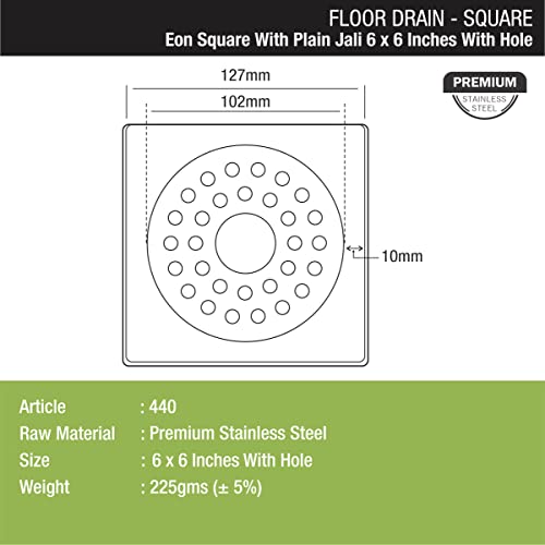 LIPKA Eon Square with Plain Jali Floor Drain |Premium Stainless Steel |6 x 6 Inches| with Hole| - Image 2