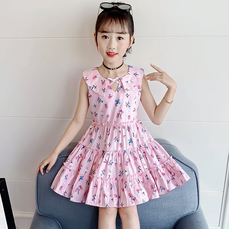 Girls' Summer Floral Dress Stylish Children'S Dress Girl'S Cotton Tank Dress Doll Collar Long Dress - Image 1