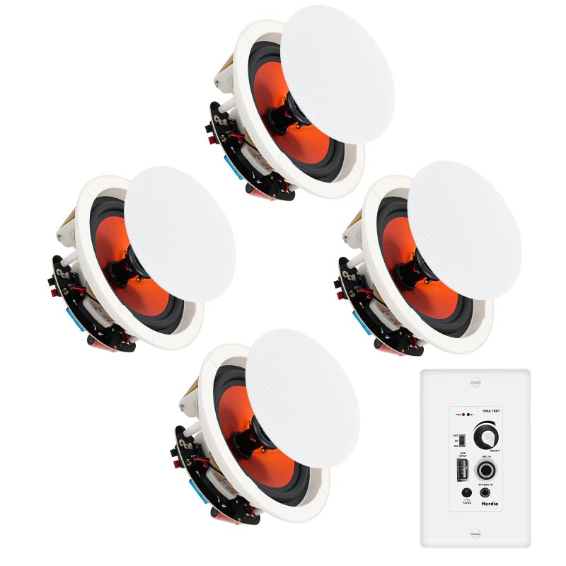 Herdio 4 Inch 480W 2-Way Bluetooth in-Wall/in-Ceiling Speakers - 2 Pairs Flush Mount Speakers with Wall Amplifier Receiver, Paintable Grille for Home Theater, Bedroom, Office & Barroom - Image 1