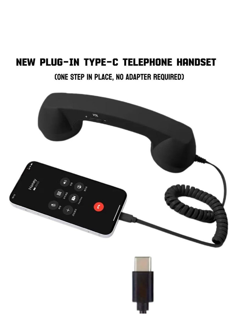 Type-C Plug & Play Retro Anti-Radiation Phone Handset | Wired Telephone Headset | 38mm Large Speaker | HD Call | Gift Box Packaging (Black) - Image 1