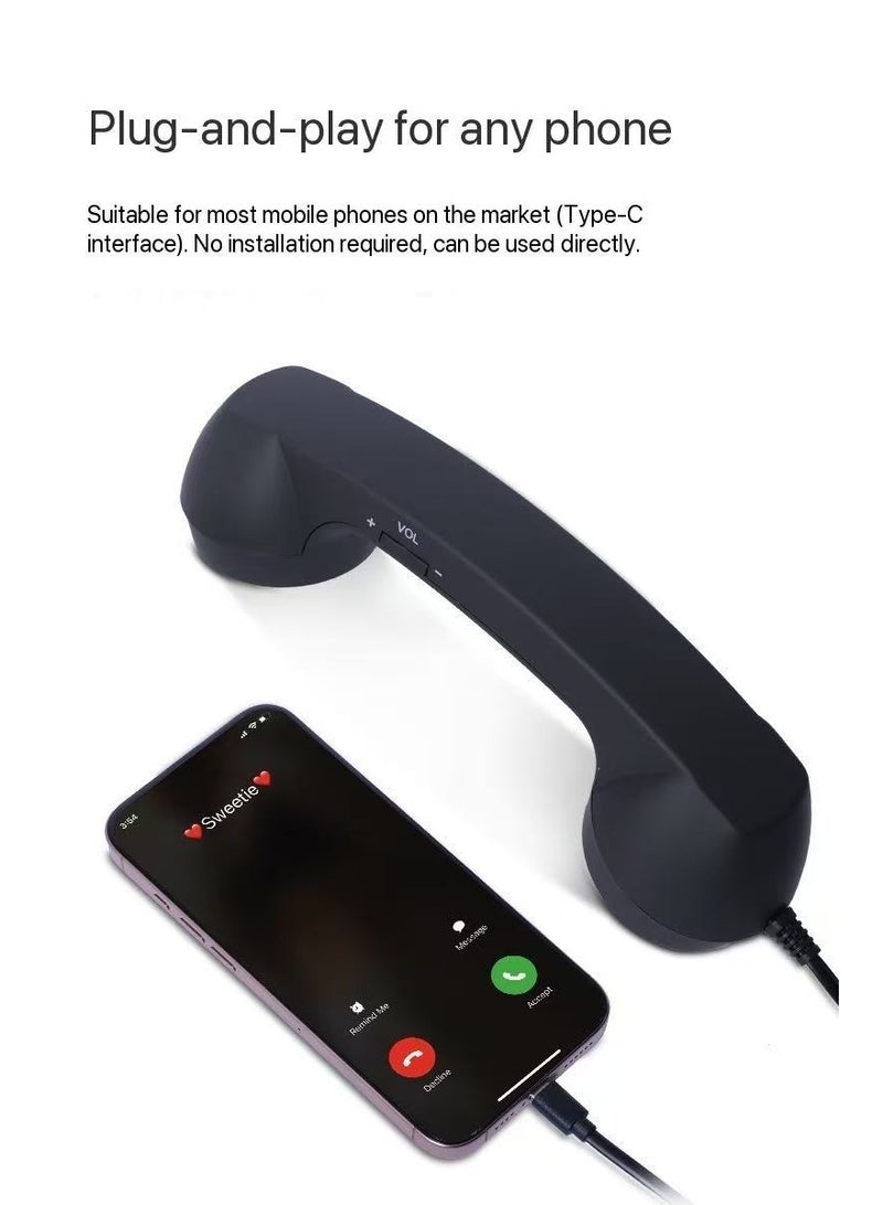 Type-C Plug & Play Retro Anti-Radiation Phone Handset | Wired Telephone Headset | 38mm Large Speaker | HD Call | Gift Box Packaging (Black) - Image 2