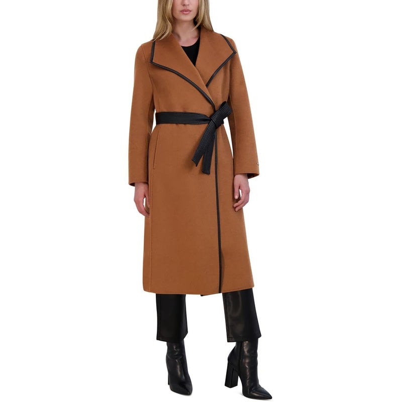 Tahari Women's Double-Faced Luxury Soft Wool Blend Long Line Wrap Coat, PU Binding Trim, Removable Belt, Caramel, Medium - Image 1