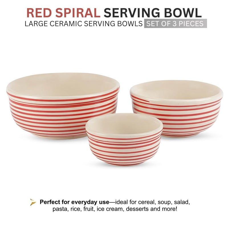 VarEesha Handmade Parikrama Red Spiral Serving Bowls Set of 3|Mixing Bowls| Stoneware Serving Bowls| Snack Bowls| Microwave and Dishwasher Safe Lead Free Serving Bowls| 550, 350, 125 ML| Red - Image 2