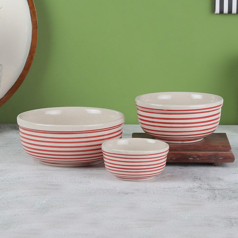 VarEesha Handmade Parikrama Red Spiral Serving Bowls Set of 3|Mixing Bowls| Stoneware Serving Bowls| Snack Bowls| Microwave and Dishwasher Safe Lead Free Serving Bowls| 550, 350, 125 ML| Red - Image 1