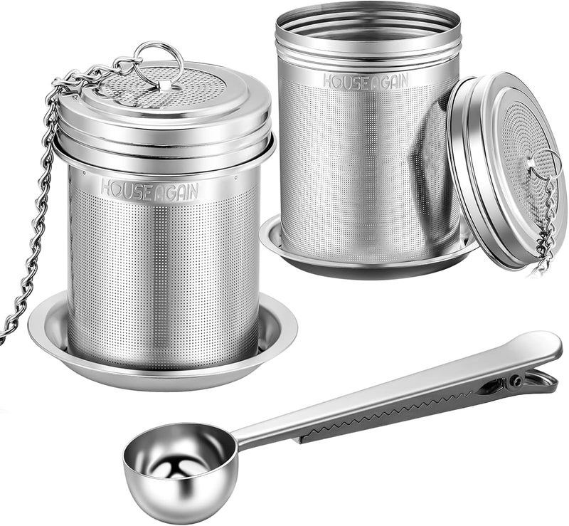 HOUSE AGAIN Tea Infuser (2 Pack with Scoop), Extra Fine Mesh Tea Infusers for Loose Tea, 18/8 Stainless Steel Tea Strainer with Extended Chain Hook, Tea Steeper for Brew Tea, Spices & Seasonings - Image 1
