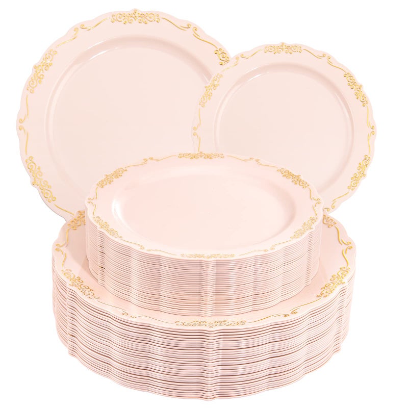 DaYammi 60 PCS Pink Gold Plastic Plates Pink Disposable Plates with Gold Rim Include 30 Dinner Plate 30 Dessert Plate for Partypink plastic plates with Vintage lace for Wedding