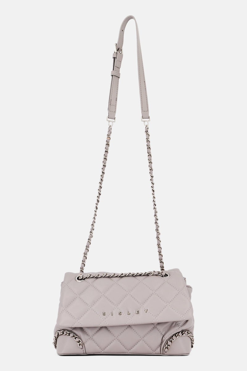 SISLEY Women Brand Logo Quilted Shoulder Bag, Grey - Image 1