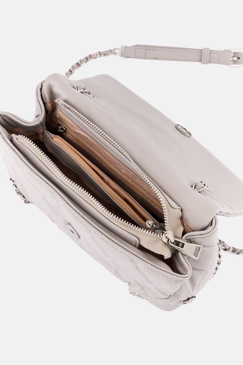 SISLEY Women Brand Logo Quilted Shoulder Bag, Grey - Image 3