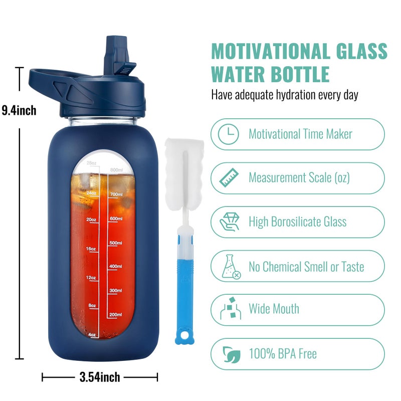 CIVAGO 32 oz Glass Water Bottle with Straw and Handle, Large Sports Motivational Water Bottle Flask with Time Marker and 2 Lids, Leakproof Water Jug Canteen with Silicone Sleeve for Gym,Navy - Image 2