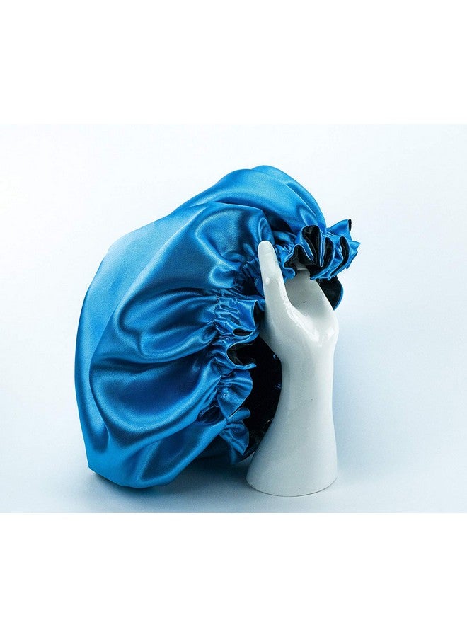 Dehman DEHMAN Handmade Fully Reversible Luxuries Pure Satin Silk Hair Bonnet Satin Sleep Cap Safe for All Hair Types - Most Beneficial Hair Care Product Available 2020 (Lakeblue+Black)  - Image 1
