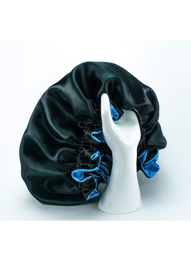 Dehman DEHMAN Handmade Fully Reversible Luxuries Pure Satin Silk Hair Bonnet Satin Sleep Cap Safe for All Hair Types - Most Beneficial Hair Care Product Available 2020 (Lakeblue+Black)  - Image 2