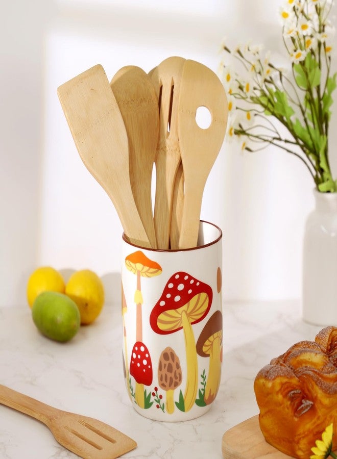 Nefelibata Mushroom Ceramic Utensil Holder Rustic Functional Utensil Crock Kitchen Storage Decor Perfect for Storing Cooking Tools and Cutlery Keep Organized Large Crock for Countertops - Image 5
