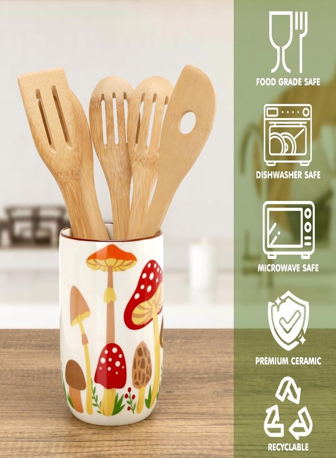 Nefelibata Mushroom Ceramic Utensil Holder Rustic Functional Utensil Crock Kitchen Storage Decor Perfect for Storing Cooking Tools and Cutlery Keep Organized Large Crock for Countertops - Image 3