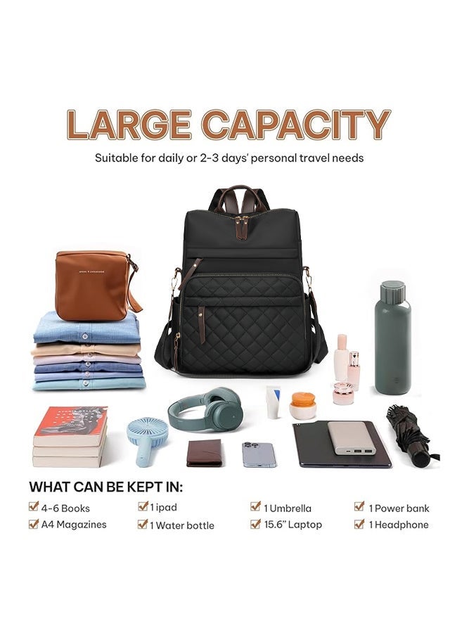 SHABILI Women's Stylish Nylon Backpack for Daily Work or Study, Ladies Lightweight College Bag Laptop Bag School Bag Tourist Bag Shoulder Bag Back Bag with Quilted Front and Large Capacity Compartments(Black) - Image 4
