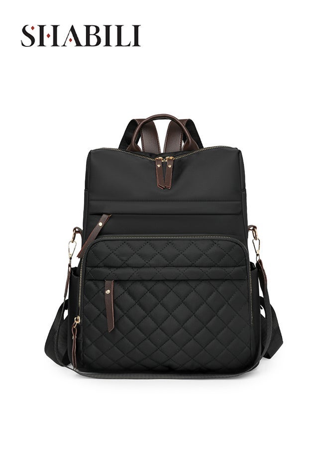 SHABILI Women's Stylish Nylon Backpack for Daily Work or Study, Ladies Lightweight College Bag Laptop Bag School Bag Tourist Bag Shoulder Bag Back Bag with Quilted Front and Large Capacity Compartments(Black) - Image 1