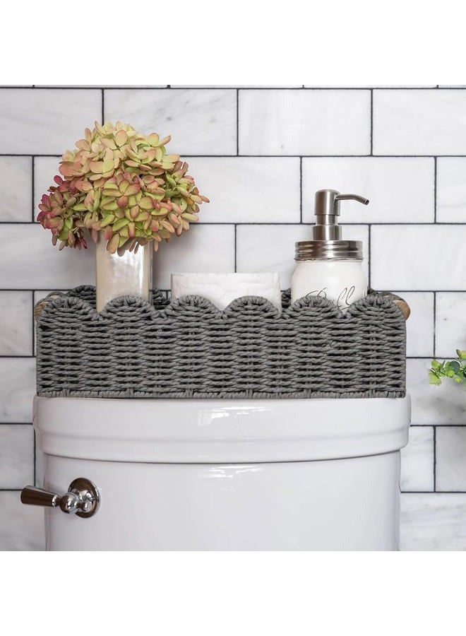 CubesLand Scalloped Edge Toilet Paper Storage Basket, Living Room Home Cozy Decor Basket, Paper Rope Small Baskets for Over Toilet Storage Shelf, End Table, Shelves, with 2 Wooden Handles, Grey - Image 4