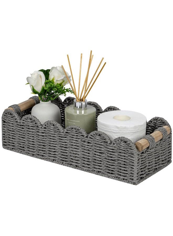 CubesLand Scalloped Edge Toilet Paper Storage Basket, Living Room Home Cozy Decor Basket, Paper Rope Small Baskets for Over Toilet Storage Shelf, End Table, Shelves, with 2 Wooden Handles, Grey - Image 1