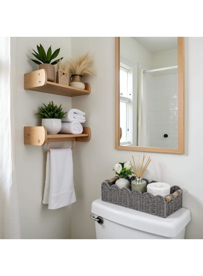 CubesLand Scalloped Edge Toilet Paper Storage Basket, Living Room Home Cozy Decor Basket, Paper Rope Small Baskets for Over Toilet Storage Shelf, End Table, Shelves, with 2 Wooden Handles, Grey - Image 2