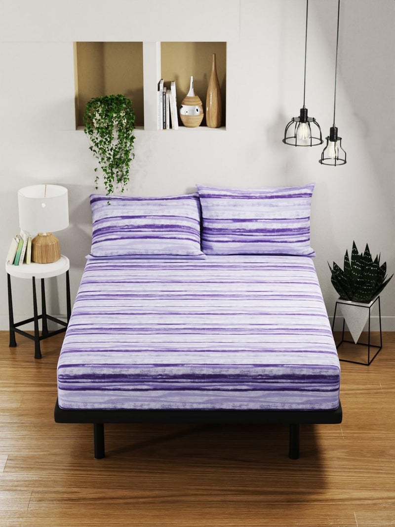 BIANCA 144TC 100% Pure Cotton Double Bedsheet with 2 Pillow Covers -3Pc Set (Platinum) Stripe-Periwinkle - Image 1