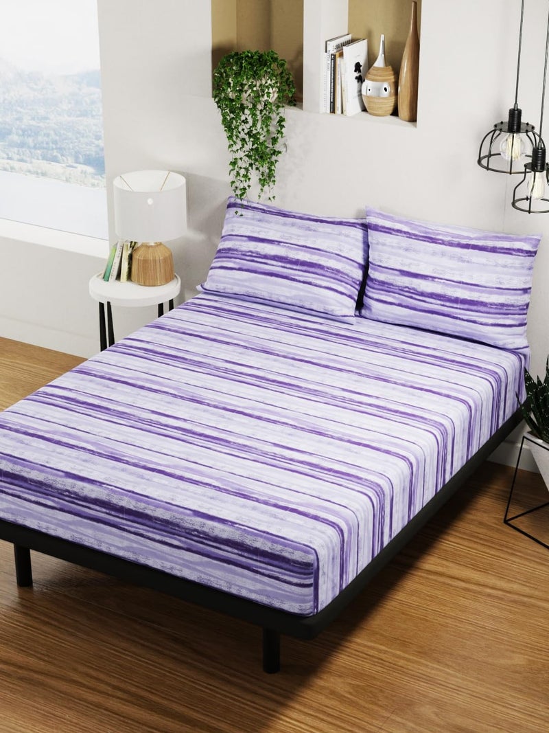 BIANCA 144TC 100% Pure Cotton Double Bedsheet with 2 Pillow Covers -3Pc Set (Platinum) Stripe-Periwinkle - Image 3