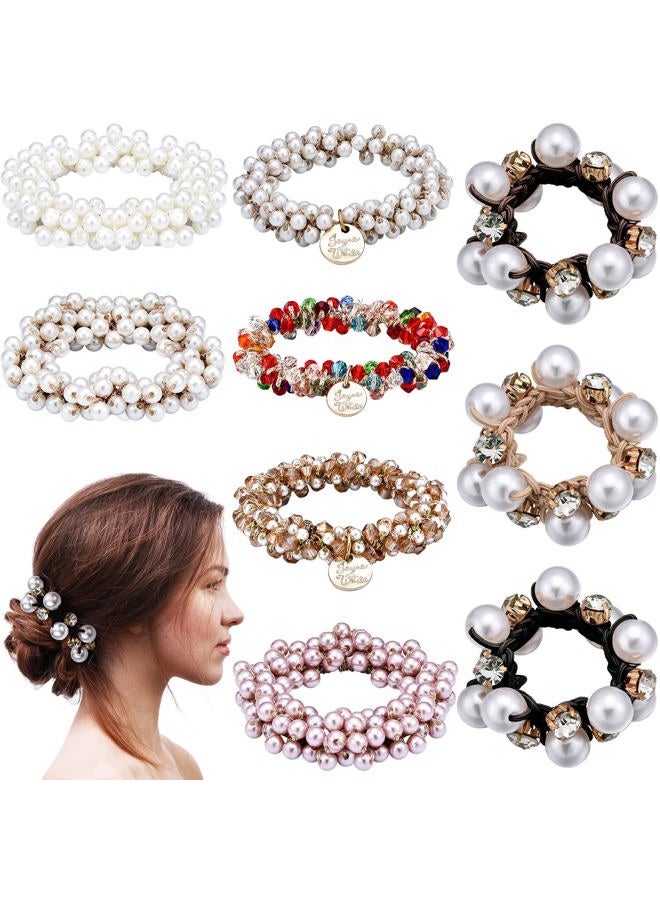 Yinder 9 Pcs Hair Accessories for Women Christmas Gift Pearl Hair Ties Crystal Elastic Ropes Scrunchies Stretchy Bead Bands Ponytail Holders Boho Handmade Elastics Ties(Classic) - Image 1