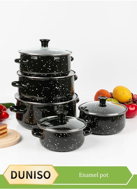 5 Pieces of Enamel pot set, enamel household soup pot, cooking pot set, with handle and lid, high temperature resistance, suitable for induction cookers, gas stoves, electric stoves, and ceramic stoves