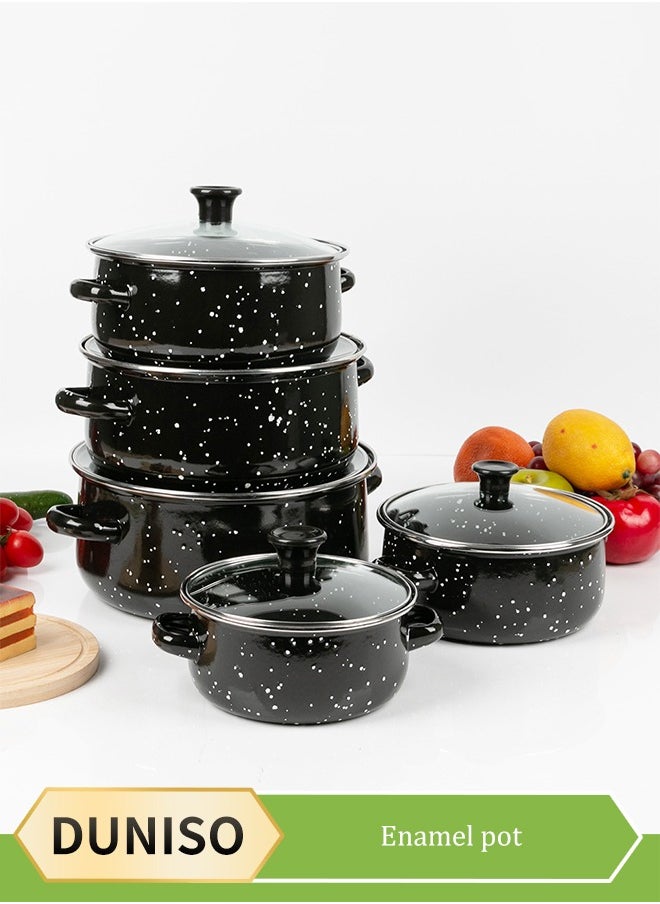 DUNISO 5 Pieces of Enamel pot set, enamel household soup pot, cooking pot set, with handle and lid, high temperature resistance, suitable for induction cookers, gas stoves, electric stoves, and ceramic stoves  - Image 1