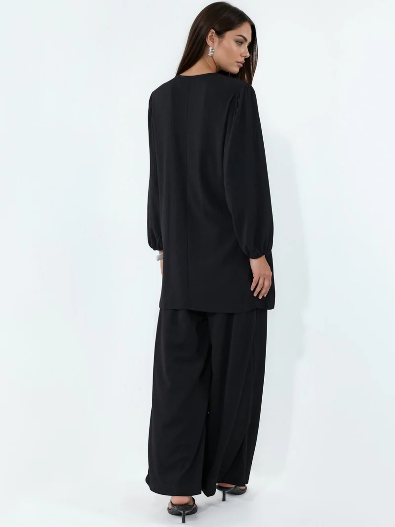 Big Dart Black BDART Textured Long Sleeve Tunic and Wide Leg Pants Set for Women | Best Price UAE
