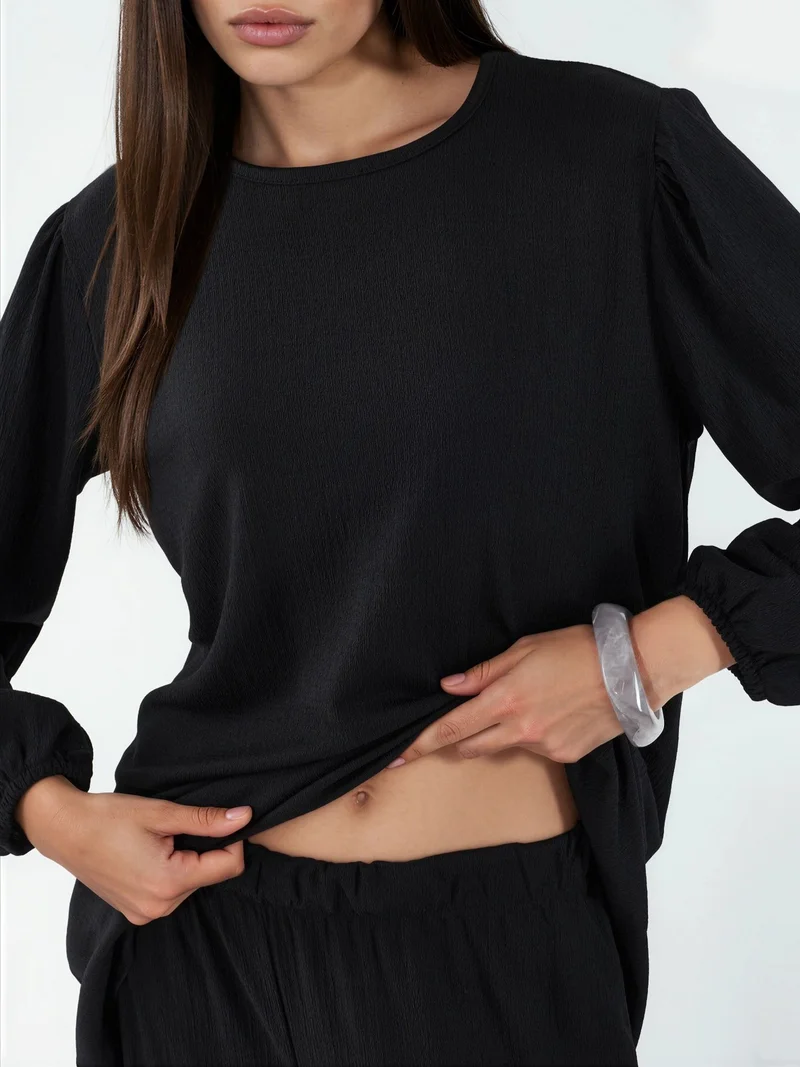 Big Dart Black BDART Textured Long Sleeve Tunic and Wide Leg Pants Set for Women | Best Price UAE