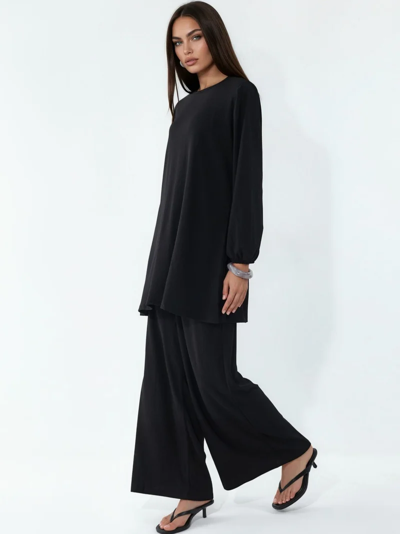 Big Dart Black BDART Textured Long Sleeve Tunic and Wide Leg Pants Set for Women | Best Price UAE