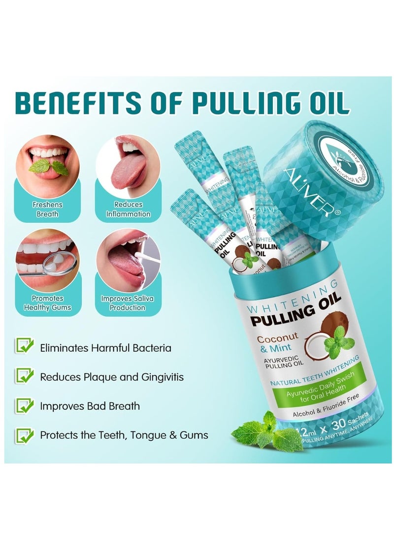 ALIVER - 30 Pieces Natural Coconut Oil Pulling Mouthwash Sachets  12ml Each Teeth Whitening & Reducing Bad Breath Coconut Pulling Oil for Oral Health Reduce Bad Mouth Odor Cavity & Gums Sensitivity Unisex - Image 1