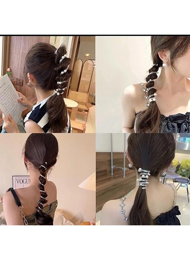 El Regalo 3PCs Stretchy Pearl Spiral Braided Telephone Scrunchies Ponytail Holders, Hair Ties for Kids Girls/Teens & Women - Black, White & Silver - Image 2