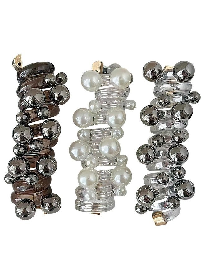 El Regalo 3PCs Stretchy Pearl Spiral Braided Telephone Scrunchies Ponytail Holders, Hair Ties for Kids Girls/Teens & Women - Black, White & Silver - Image 1