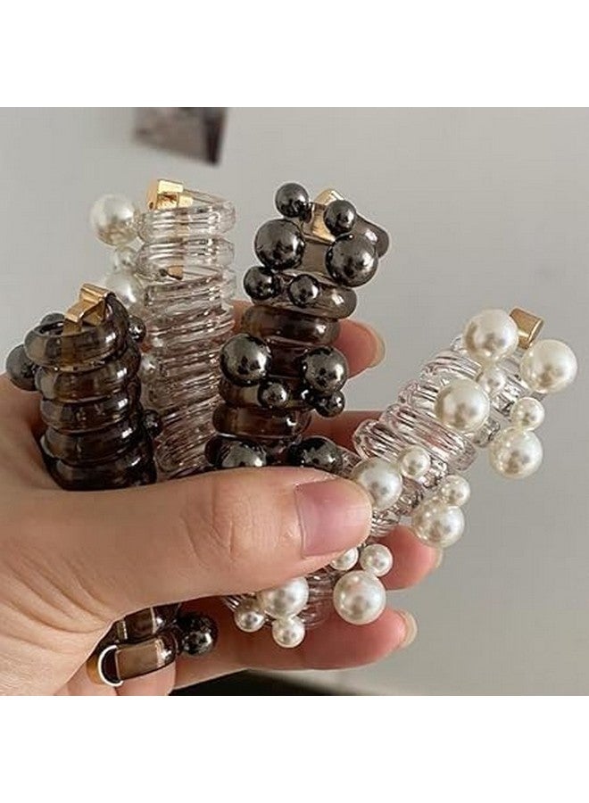 El Regalo 3PCs Stretchy Pearl Spiral Braided Telephone Scrunchies Ponytail Holders, Hair Ties for Kids Girls/Teens & Women - Black, White & Silver - Image 5