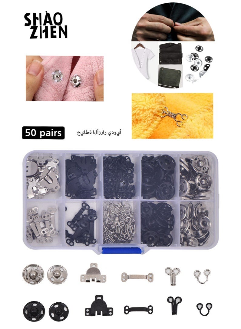 SHAOZHEN 50 Pairs 3 Styles Skirt Hooks and Eyes Sewing Hook, Sewing Snaps Clothing Fixing Tools with Metal Snaps Buttons Fasteners Press Studs for Trousers Skirt Dress Sewing and DIY Crafting, 2 Colors - Image 1