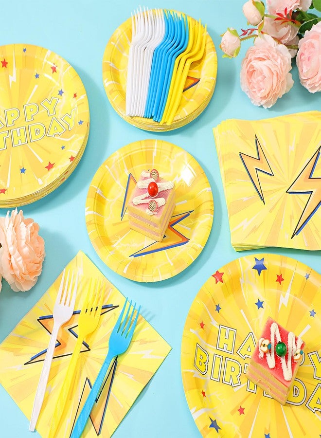 Potchen 96 Pcs Cartoon Animation Birthday Party Supplies, Lightning Bolt Party Decorations Including Paper Plates, Napkins, Forks for Cartoon Birthday Decorations, Serves 24 - Image 5