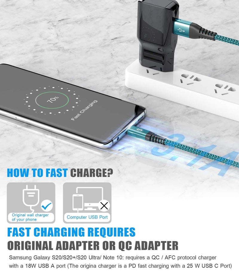 sweguard USB Type C Cable 3.1A Fast Charging [2Pack,6.6ft+6.6ft], USB-A to USB-C Charger Nylon Braided Cord for Samsung Galaxy S21 S20 S10 S9 S8 Plus,Note 20 10 9 8 7,A71 A51 A32,LG,Moto,PS5-Green - Image 3