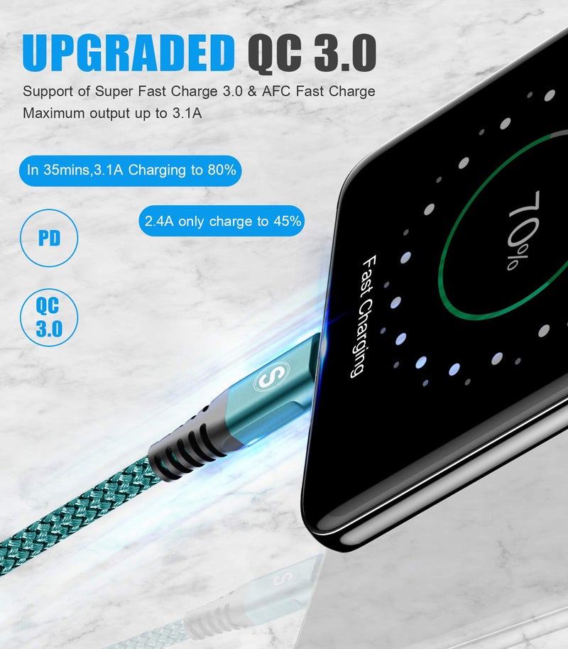sweguard USB Type C Cable 3.1A Fast Charging [2Pack,6.6ft+6.6ft], USB-A to USB-C Charger Nylon Braided Cord for Samsung Galaxy S21 S20 S10 S9 S8 Plus,Note 20 10 9 8 7,A71 A51 A32,LG,Moto,PS5-Green - Image 2