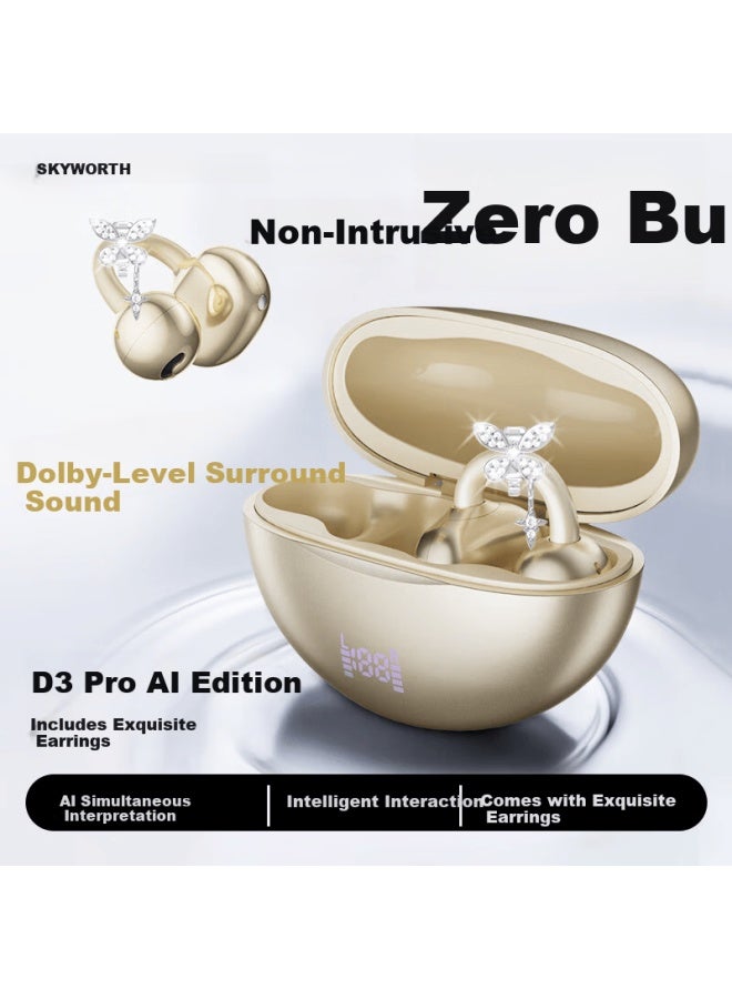 Skyworth D3 Pro Champagne Gold Ai Edition Bluetooth Clip-on Open-ear Wireless Earphones For Sports Running Long Battery Life Noise Cancelling Top 10 Gold List New Year Gift