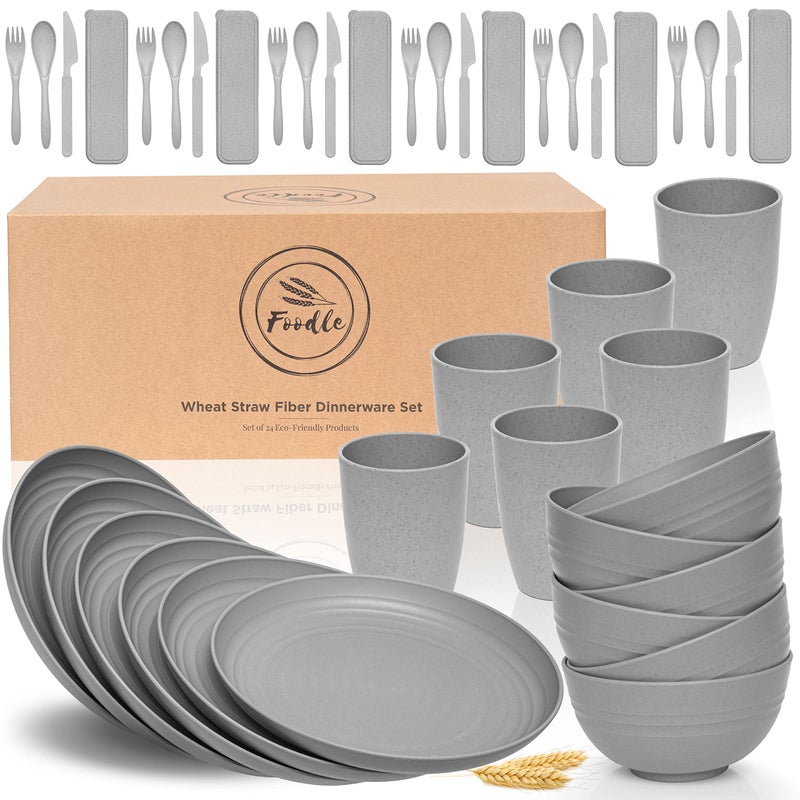 FOODLE Wheat Straw Dinnerware Set  BPA Free  Safety Certified  Unbreakable Microwave  Dishwasher Safe  Dorm  RV Dishes  Camping Plates Cups and Bowls Set  Great for Kids  Adults  For 6
