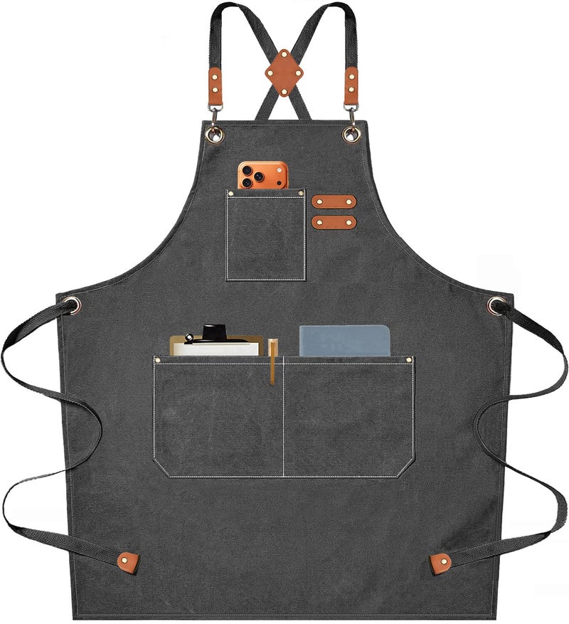 AFUN Chef Aprons for Men Women with Oversized Pockets, 16-Ounce Cotton Canvas Cross Back Heavy Duty Work Apron (Grey) - Image 1