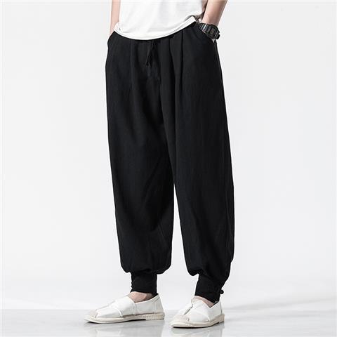 Spring Summer Cotton Linen Monk Pants Black (two buttons)