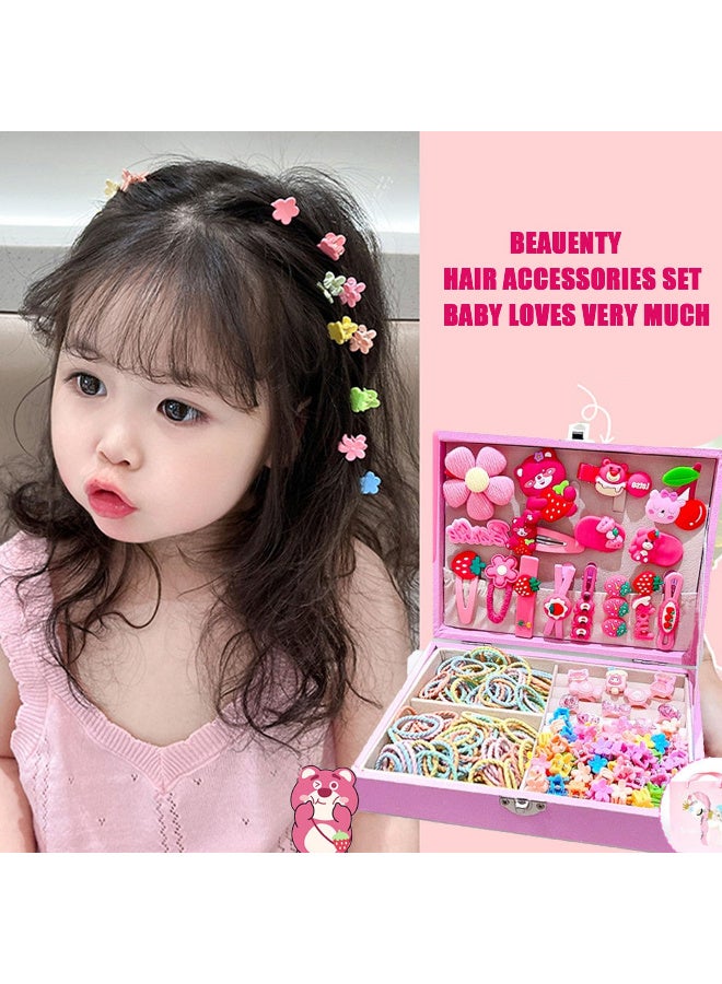 Bincoo Deluxe Little Girls Hair Accessories Set with Gift Box, Barrettes, Hair Elastic Bands, Colourful Cartoon Hairpin Set Princess Dress Up Toys Deluxe Set, Gift Toys (Pink  Flower) - Image 3