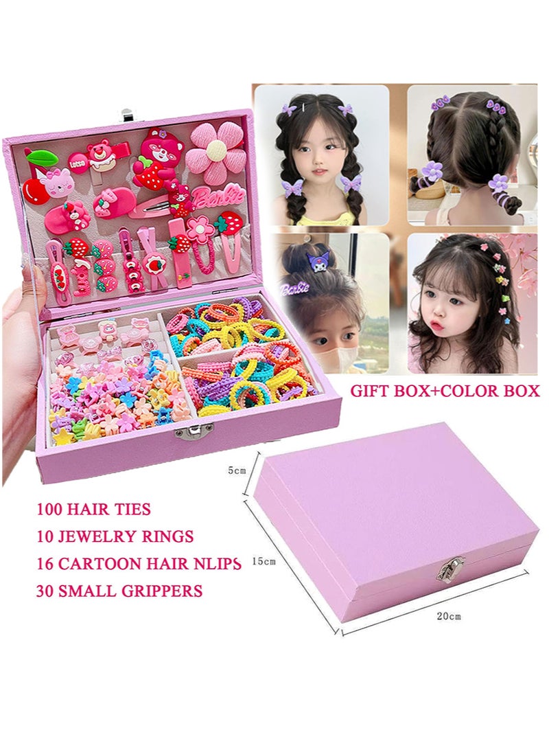 Bincoo Deluxe Little Girls Hair Accessories Set with Gift Box, Barrettes, Hair Elastic Bands, Colourful Cartoon Hairpin Set Princess Dress Up Toys Deluxe Set, Gift Toys (Pink  Flower) - Image 2