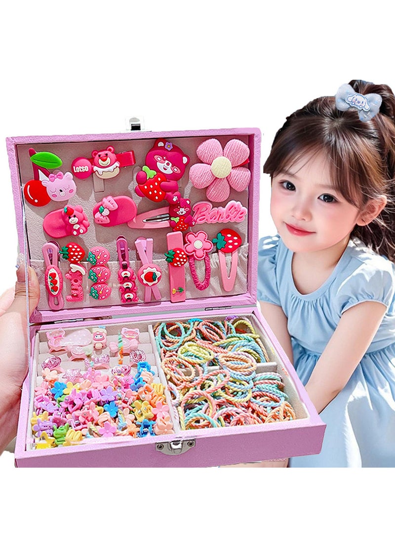Bincoo Deluxe Little Girls Hair Accessories Set with Gift Box, Barrettes, Hair Elastic Bands, Colourful Cartoon Hairpin Set Princess Dress Up Toys Deluxe Set, Gift Toys (Pink  Flower) - Image 1
