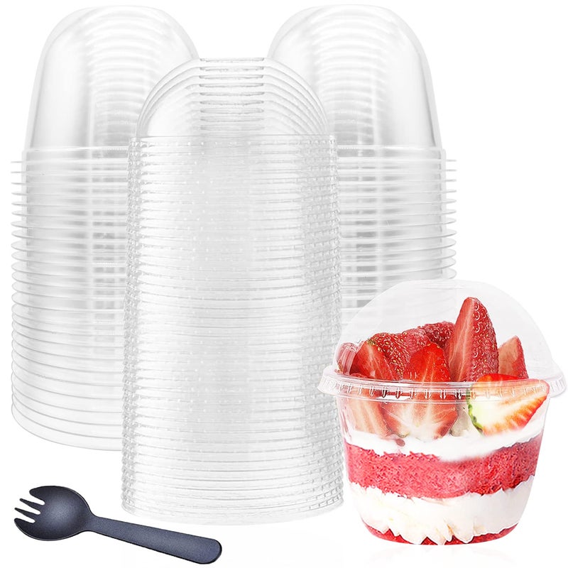 Alaeseje 50 Pack 10oz Plastic Cups with Dome LidsNo Hole and SporksDisposable PET Parfait CupsCrystal Dessert Cups for PuddingSnacksIce CreamYogurt